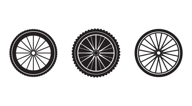 Three bicycle wheels with different tread patterns and spokes on white background  bike wheels