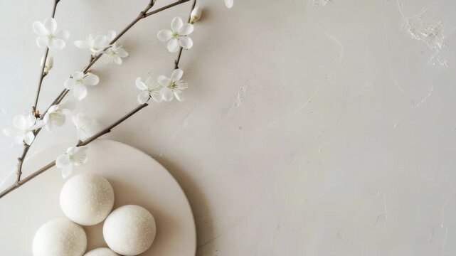 Four white dessert balls sit on a plate next to a branch with small white flowers. The light surface emphasizes the clean setup and soft colors