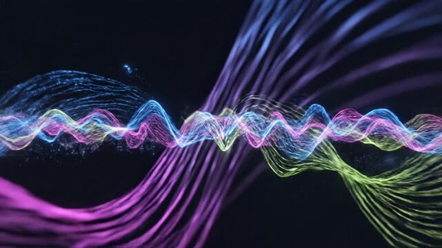 Abstract wavy lines and particles representing sound waves, frequency, and digital data streams in a dark, futuristic background