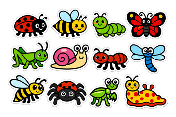 Fototapeta premium Colorful cartoon insects and bugs collection with smiling faces.