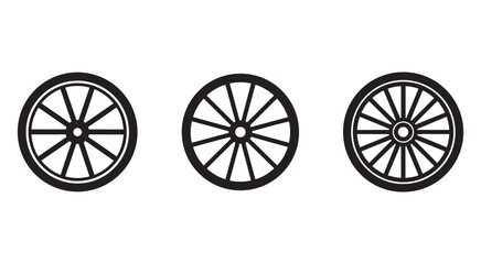 Fototapeta premium Three black and white wagon wheel icons in different angles isolated on transparent background