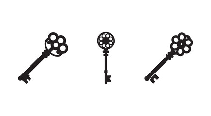 Obraz premium Three black antique keys with decorative floral heads and circular holes isolated on white background