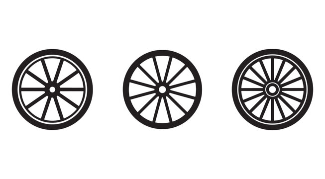 Three black and white wagon wheel icons in different angles  isolated on transparent background