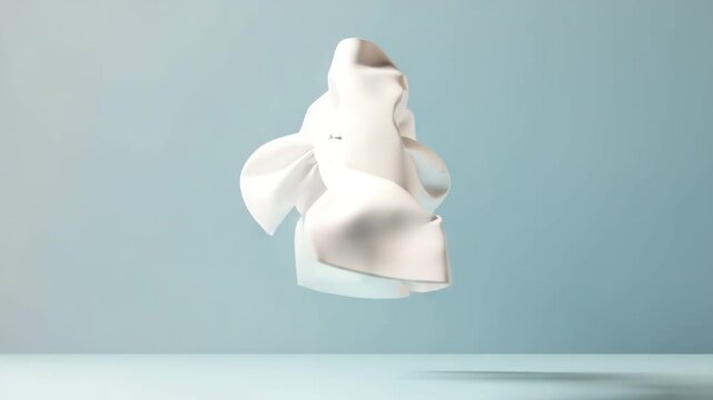 A white bow rotates freely in the air against a light blue backdrop. The movement shows the flowing fabric and its shape in an interesting way. Details of design are clear
