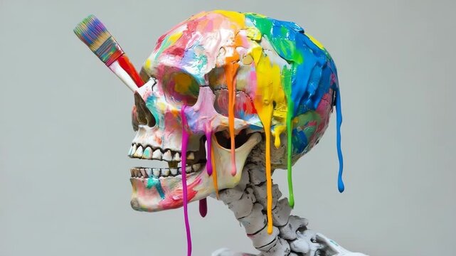 Vibrant skeletal form with skull painted in bright colors and dripping paint accents