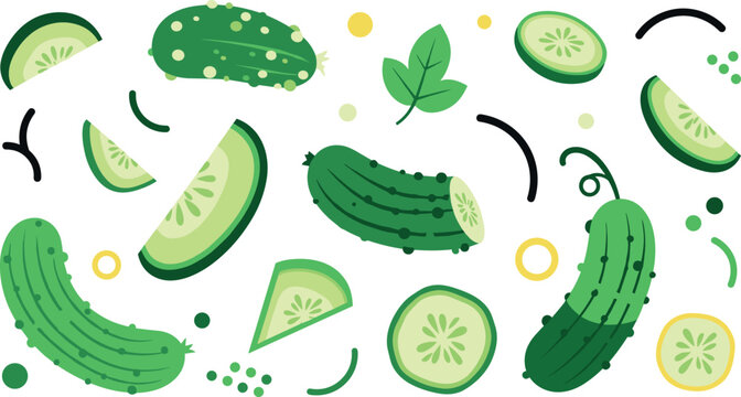 Set of fresh cucumber slices and whole cucumbers with leaves and abstract elements in flat colorful vector illustration style
