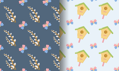 Split seamless spring design left side with pussy willow branches and butterflies on dark blue background right side with birdhouses and butterflies on light blue background, cheerful seasonal pattern © Lipitorika