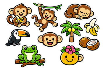 Fototapeta premium Cartoon jungle animals and tropical fruits with monkeys, toucan, frog, palm tree, coconut.