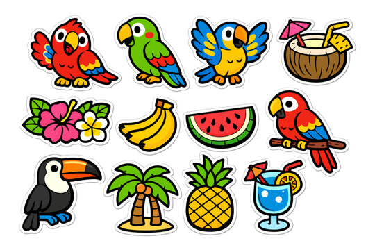 Colorful tropical birds and fruits stickers with palm trees and cocktails.