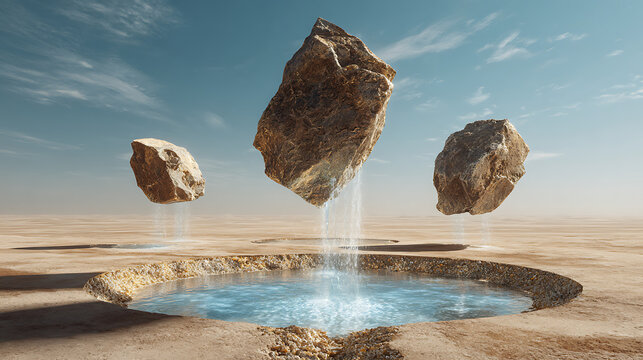A surreal desert landscape with rocks floating over a small pool of water