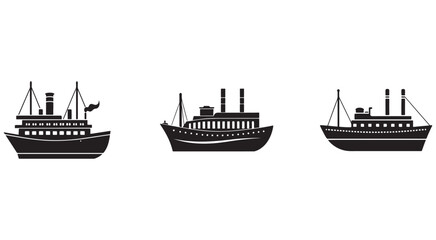 Obraz premium Three black silhouettes of different old fashioned steamships with smokestacks and masts on white background ships boats vessels