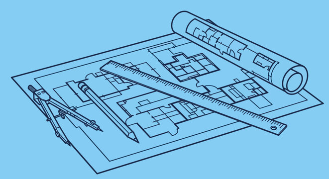 Blueprints and drafting tools on table.
