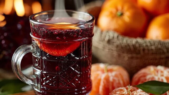 Steaming mulled wine in glass garnished with orange slices and cinnamon stick. Warm holiday beverage surrounded by fresh oranges in basket. Festive winter drink concept for celebrations.
