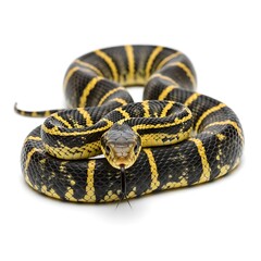 Fototapeta premium Coiled yellow and black striped snake on white background