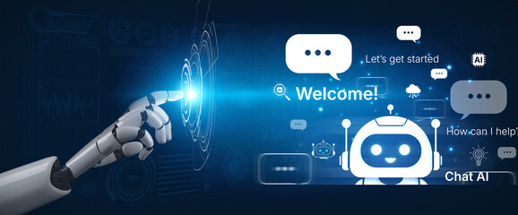 Fototapeta premium Welcome message introduces chat AI assistant for instant help. Chat AI supports questions and tasks, and chat AI improves service with friendly NLP chatbot onboarding. Corpus