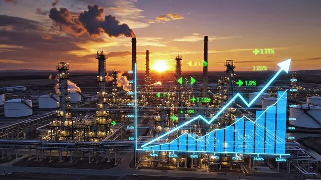 Industrial oil refinery at sunset featuring digital financial statistic graph showing positive growth and energy market stock development concept with data visualization overlay background.