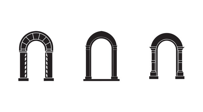 Three different architectural archways with columns and stone details in black silhouette on white background  ancient roman style gateways