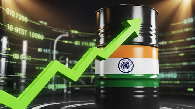 Indian economic growth concept featuring national flag on oil barrel with upward green chart arrow symbolizing energy market financial progress investment and business development success.