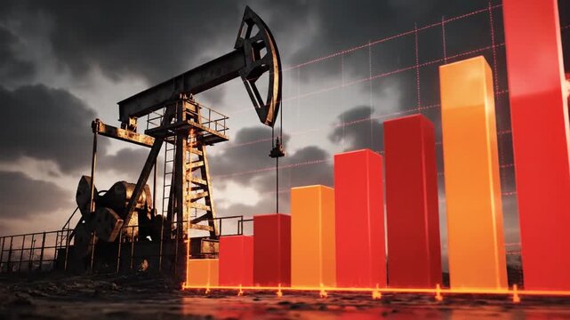 Rising Crude Oil Price Chart with Bar Graph Animation and Petroleum Pump Jack Representing Global Energy Crisis and Inflationary Fuel Costs in Financial Market Environment