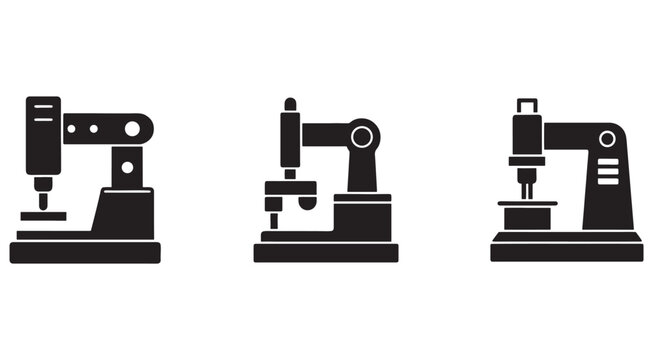 Three industrial robotic arms with drills for manufacturing and assembly  industrial automation and robotics technology