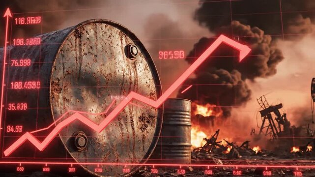 Global oil price surge amidst international war and geopolitical conflict featuring metallic crude barrels rising financial graph and fiery explosions symbolizing energy crisis volatility