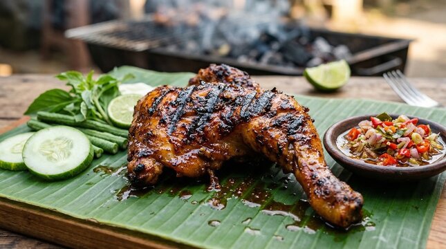 Juicy ayam bakar grilled chicken glazed with sweet soy sauce and spices, charred grill marks, basting juices dripping, served with lalapan (raw veggies) and sambal matah, on banana leaf