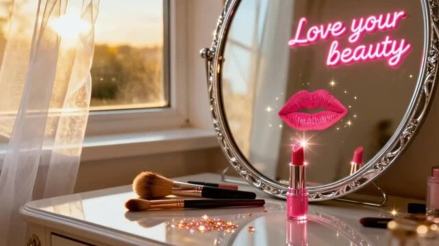 video of elegant mirror featuring lipstick phrase &ldquo;Love your beauty&rdquo;, vanity table,makeup brushes and lipstick below self-love cosmetology valentines day, promo concept, cozy romantic valentines day
