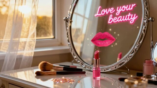 video of elegant mirror featuring lipstick phrase &ldquo;Love your beauty&rdquo;, vanity table,makeup brushes and lipstick below self-love cosmetology valentines day, promo concept, cozy romantic valentines day