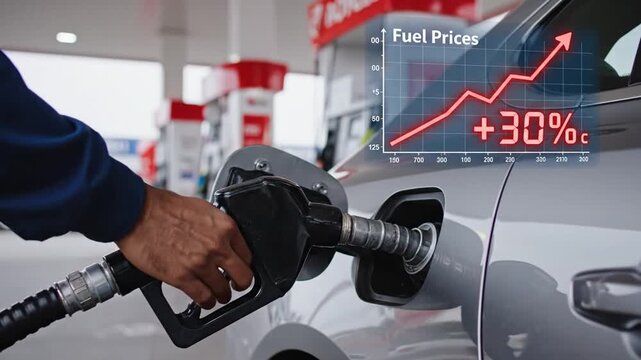 Fuel nozzle inserted in car gas tank at station with rising financial graph overlay showing increasing petrol prices inflation and energy cost concept