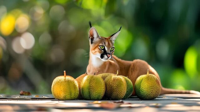 Caracal Wild Cat Resting by Exotic Spiky Fruits in Lush Jungle