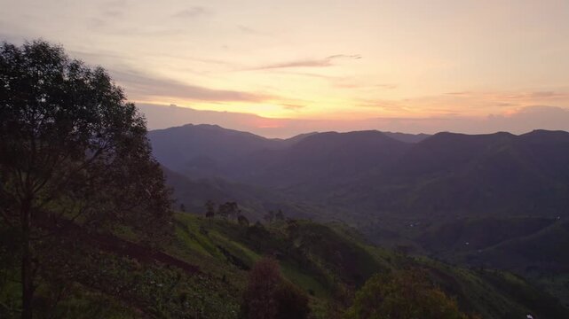 Aerial drone shot. Sunset in the mountains of Tanzania with a view of Lake Tanganyika