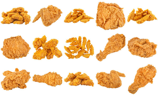 Large assortment of crispy fried chicken pieces: wings, drumsticks, nuggets, and tenders, perfectly golden-brown.