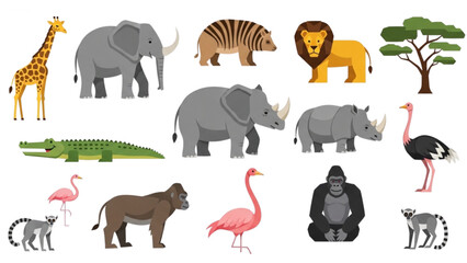 Fototapeta premium Variety of animals gathered in a savannah scene with trees and wildlife