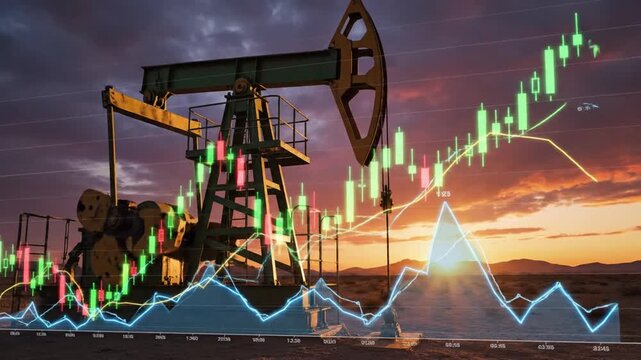 Industrial oil pump jack silhouette operating against a vibrant glowing financial trading graph backdrop during a golden sunset, symbolizing energy market fluctuations and global economy.