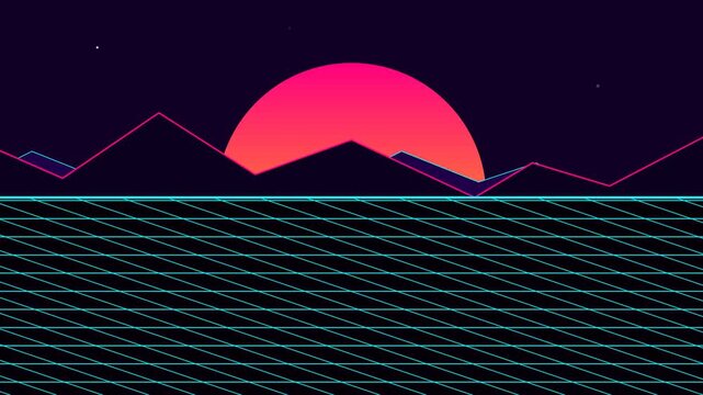 Synthwave Retro 80s Background with Neon Horizon and Sunset