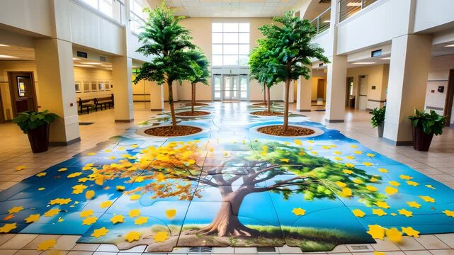 Educational Floor Mural with Seasonal Tree Puzzle and Falling Leaves in School Hallway