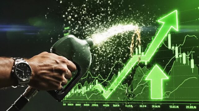 Financial visualization of crude oil fuel price rise and inflation concept with nozzle stock chart arrow indicating expensive energy cost growth in global market.