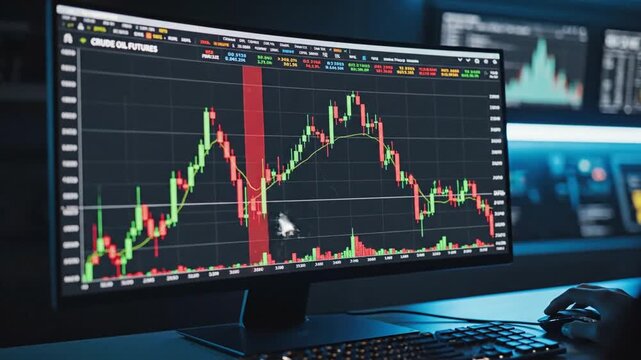 Industrial crude oil pumpjack operating at sunset beside a computer monitor displaying a dynamic financial stock market graph illustrating energy commodity price trends and global trade analysis.