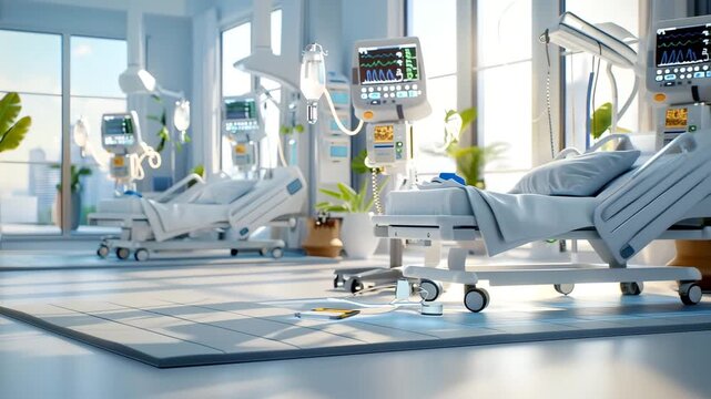 Intensive Care Unit (ICU) in Modern Hospital - Empty Beds and Advanced Medical Technology