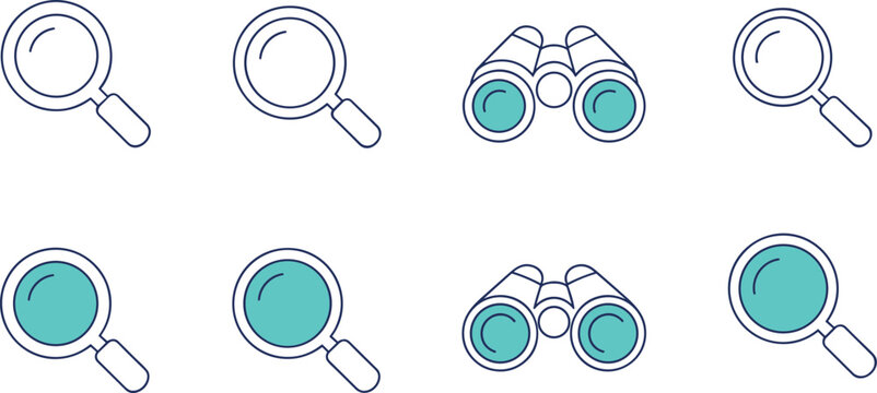 Magnifying glass and binoculars icons in outline style with teal accents Keywords: magnifying glass, binoculars, search icon