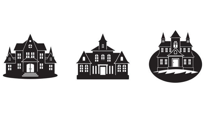 Blackandwhite illustrations of three haunted houses with multiple windows and turrets  spooky mansions with steep roofs and chimneys