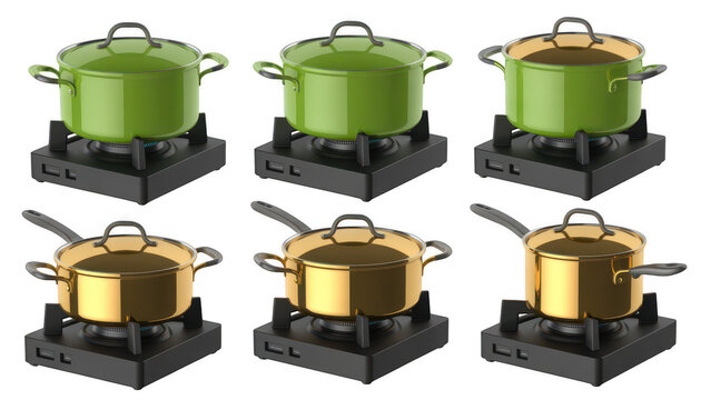 Six pots on gas stoves in green and gold green pots gold pots kitchen isolated on a transparent background