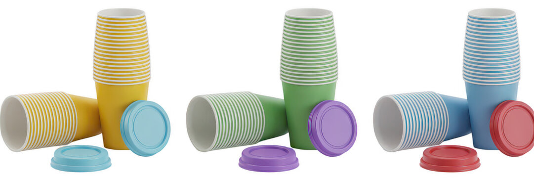 Stacked colorful plastic cups and lids isolated on a transparent background