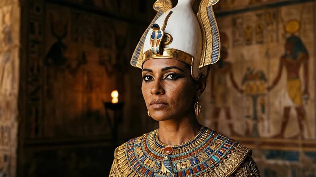 Portrait of a majestic ancient Egyptian queen wearing an elaborate golden crown and intricate beaded collar standing confidently inside a dimly lit temple chamber adorned with traditional painted mura