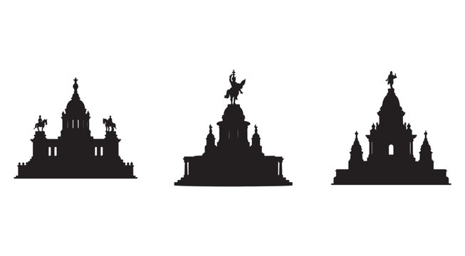 Set of three black silhouettes of Europeanstyle buildings with domes and statues on white background  architectural landmarks