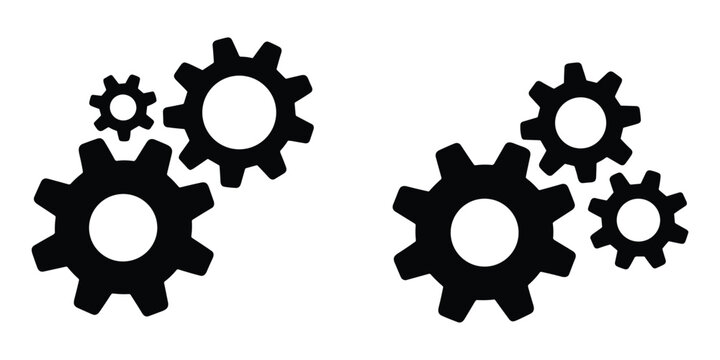 Two sets of black gear icons, one with three gears and another with four gears wheel mechanism