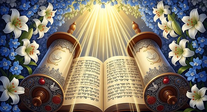 Open Torah scrolls bathed in divine light surrounded by white lilies and blue flowers