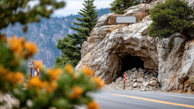 Collapsed mountain tunnel entrance blocked by rockfall and rubble on a mountain road for road closure and safety warning banner design