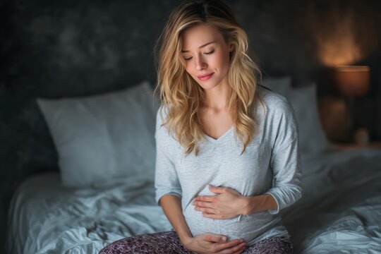A pregnant woman gently cradles her belly while sitting on a bed in a softly lit bedroom.