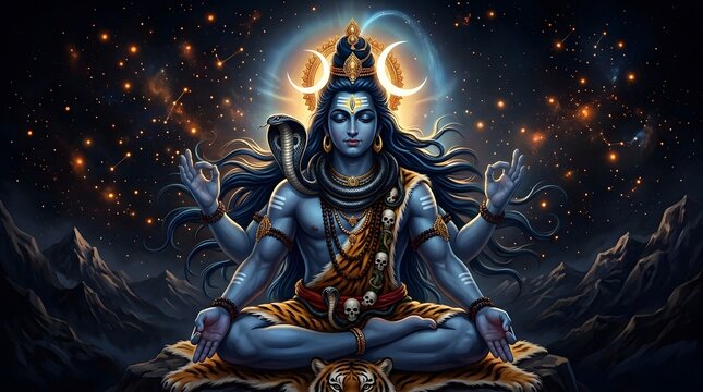 Divine depiction of Lord Shiva in cosmic meditation with celestial backdrop